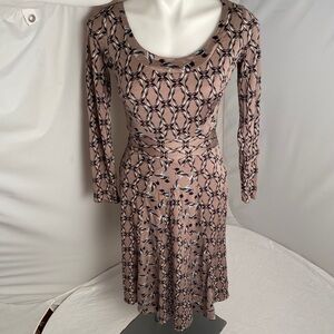 Issa London taupe geometric bird print silk fit and flare dress